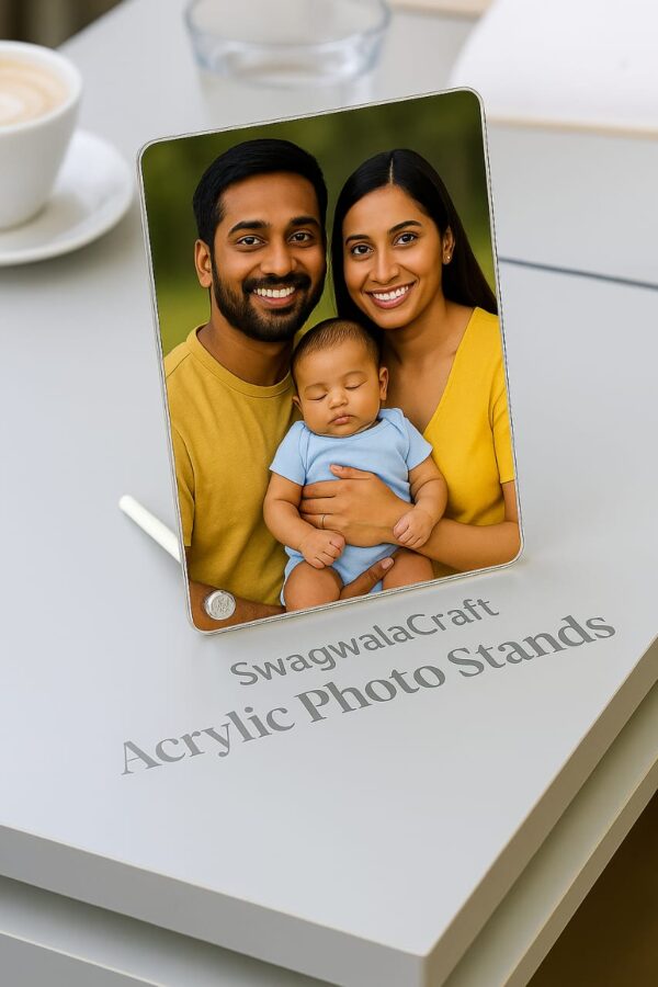 Portrait Rectangle Acrylic Photo Stand – Glossy Finish – Freestanding Table Display