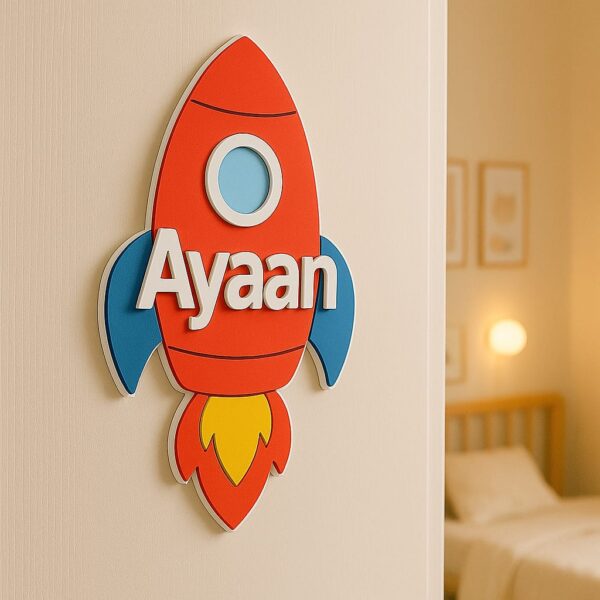 Rocket Shape Kids Nameplate – Personalized Acrylic Wall Decor